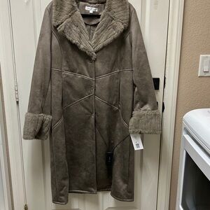 VIA SPIGA DARK TAUPE WOMEN NORTCH COLLAR COAT WITH FAUX FUR TRIM SIZE LARGE NWT